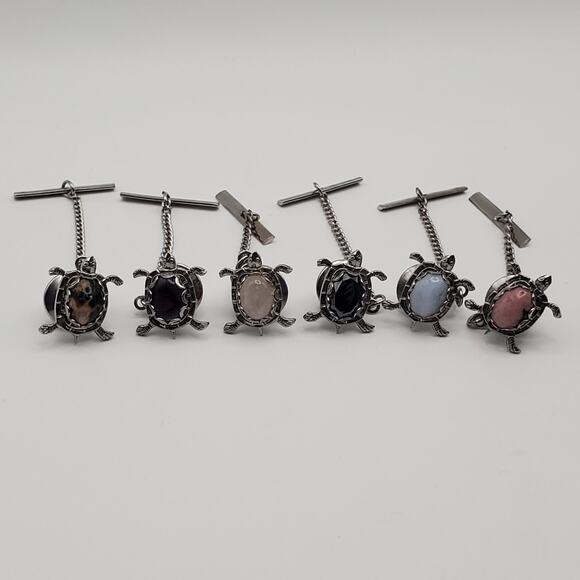 (6) Silver Tone Stone Cabochon Turtle Tortoise Shaped Tie Tack Chain 1-1/2" Vtg - Picture 1 of 7
